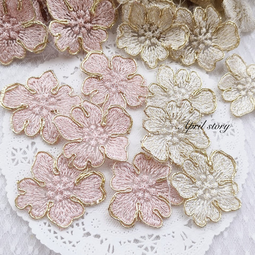 4枚/花 フラワー ピンク×ゴールド糸 上品 優雅 大人可愛い レース
