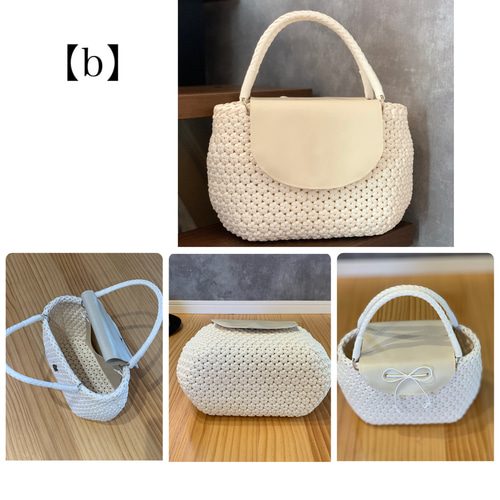 受注制作》花むすび編みのかごバッグ （白）カバー付き 2size