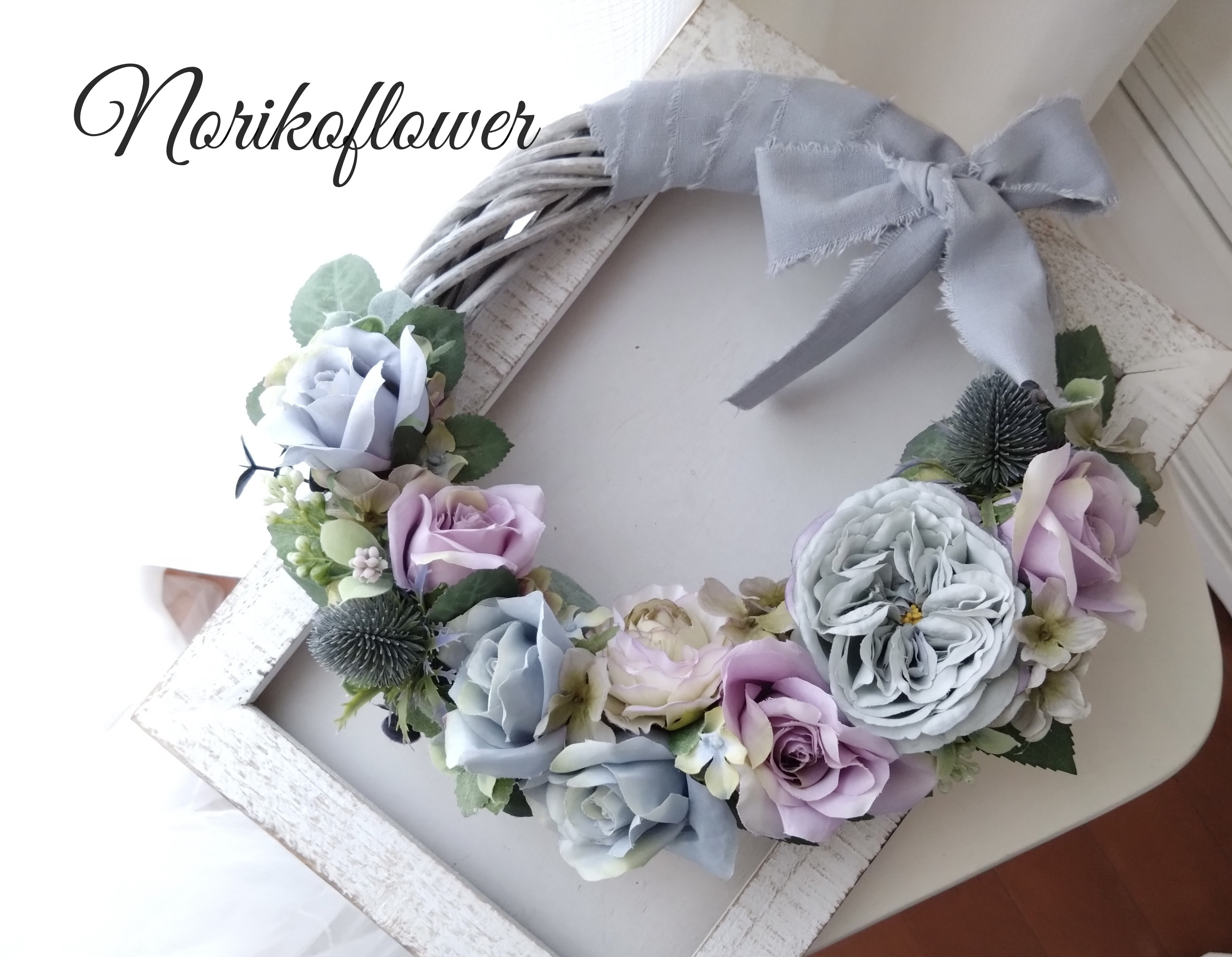 くすみ系ローズのリース　リースブーケ　ウェディングブーケ　インテリア　アーティフィシャルフラワー（高品質造花）