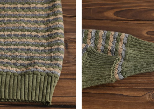 新作 ストライプのプルオーバー 綿100％コットンニット..セーター 手編み　グリーン 7枚目の画像