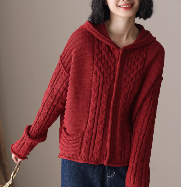 新作 .綿100％.赤セーターコート　ニット  コットンカーディガンセーター 手編み　全2色 5枚目の画像