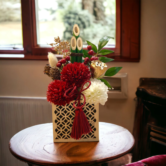 お正月飾りマムの鏡餅みたいな門松アレンジ/アーティフィシャルフラワー（造花） 2枚目の画像