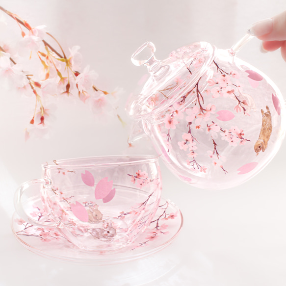 耐熱ガラスのティーセット〜枝垂桜とうさぎの日向ぼっこ 耐熱ガラスのティーセット〜枝垂桜とうさぎの日向ぼっこ