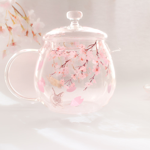 ☆未使用品☆ガラストレー おしゃれ 高級 BT-715 耐熱ガラスのティーセット〜枝垂桜とうさぎの日向ぼっこ〜 ポット