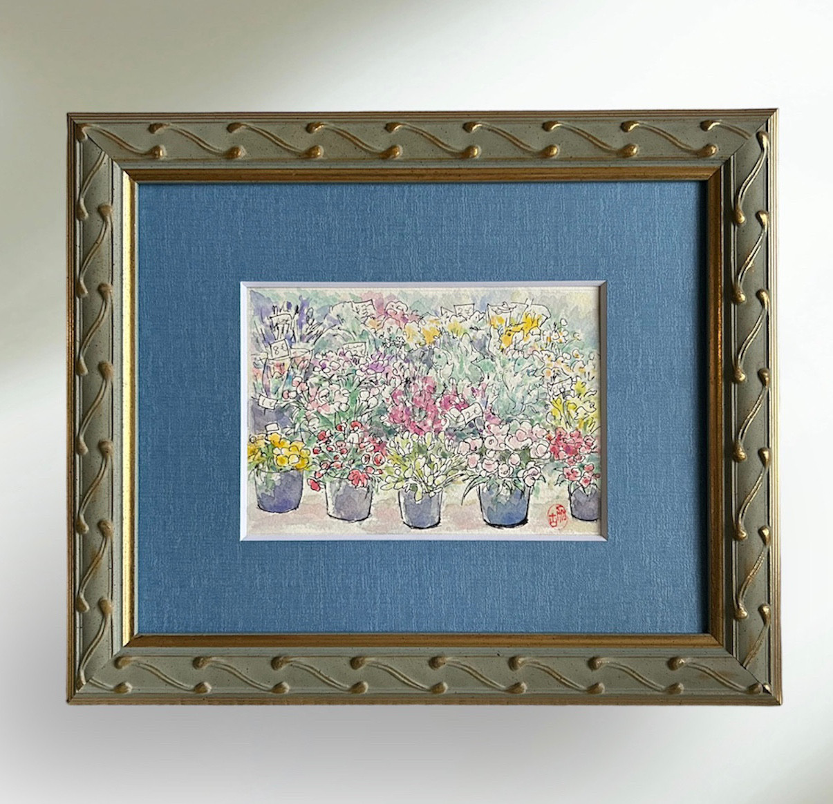 透明水彩画原画「オータムヴィレッジ02」額縁付F4サイズ風景画