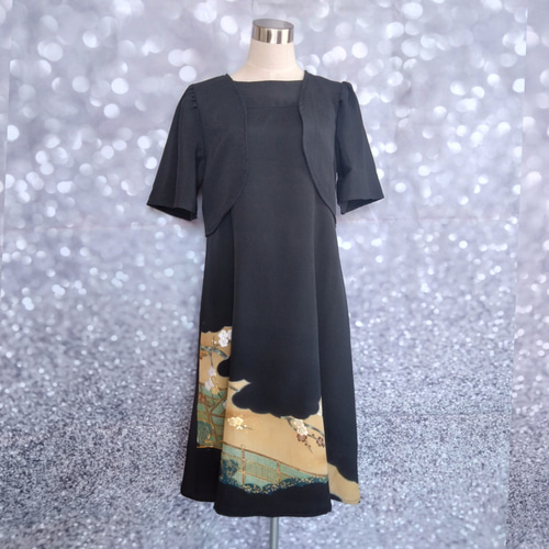ハンドメイド　着物リメイク　紬　ボレロ付きワンピース ハンドメイド着物リメイク紬ワンピースボレロ付