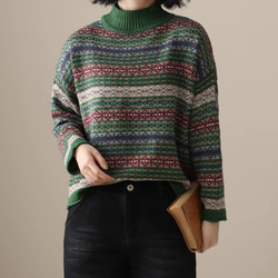 新作.ハーフハイネックニット 100%綿　 秋冬  ゆったりセーター  手編み 全２色　グリーン 3枚目の画像