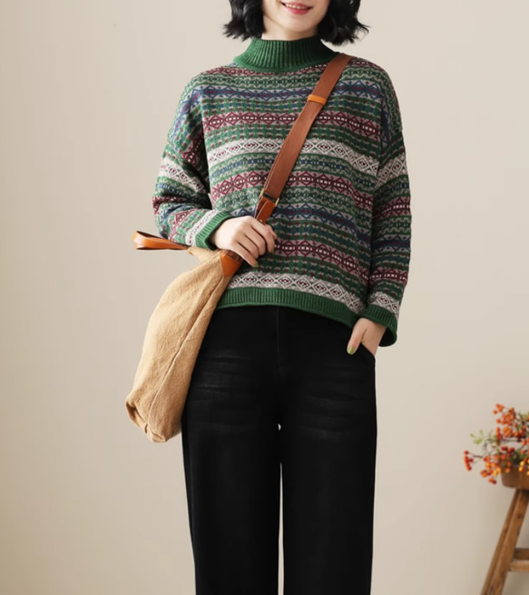 新作.ハーフハイネックニット 100%綿　 秋冬  ゆったりセーター  手編み 全２色　グリーン 7枚目の画像