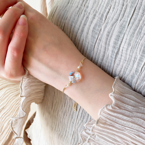 オクタゴンブレスレット クリスタルシマー パール ゴールド