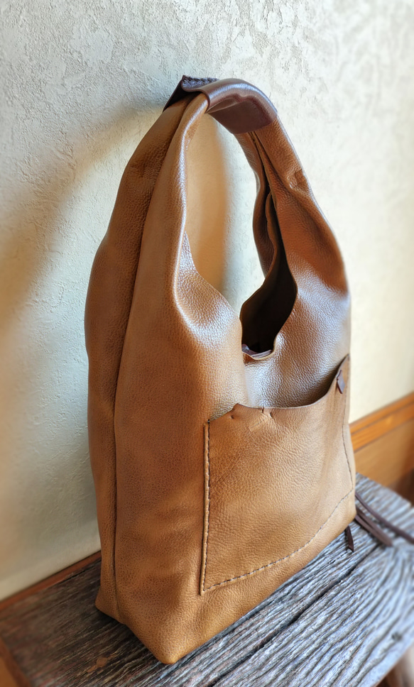 one shoulder bag　マスタード✗ダークブラウン　オイルシュリンクレザー 3枚目の画像