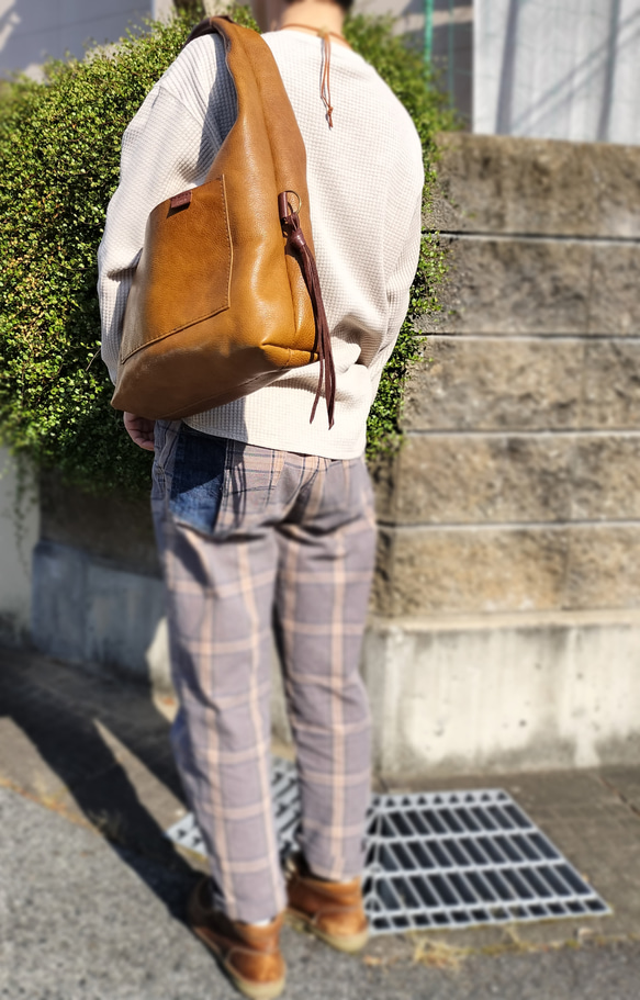 one shoulder bag　マスタード✗ダークブラウン　オイルシュリンクレザー 19枚目の画像