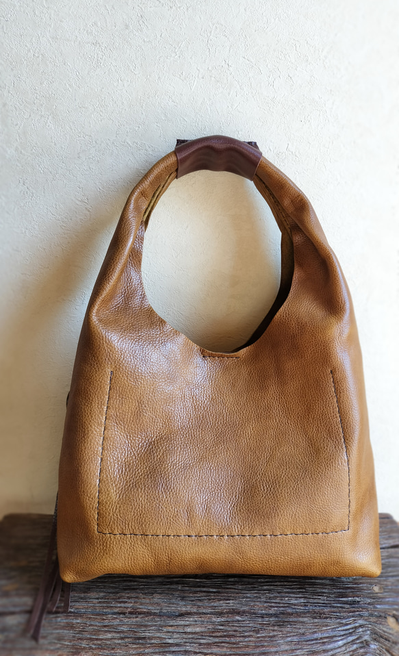 one shoulder bag　マスタード✗ダークブラウン　オイルシュリンクレザー 6枚目の画像