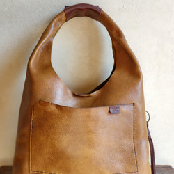 one shoulder bag　マスタード✗ダークブラウン　オイルシュリンクレザー 1枚目の画像
