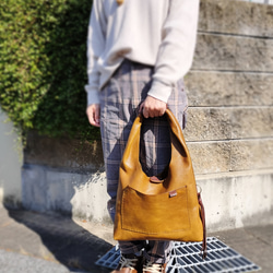 one shoulder bag　マスタード✗ダークブラウン　オイルシュリンクレザー 15枚目の画像