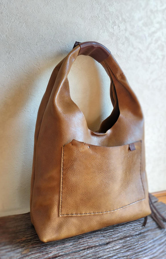 one shoulder bag　マスタード✗ダークブラウン　オイルシュリンクレザー 2枚目の画像