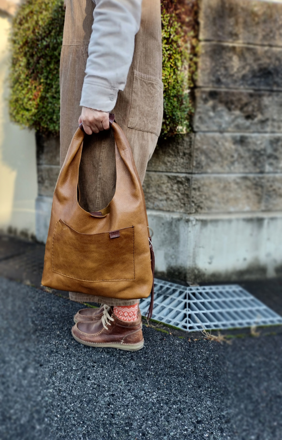 one shoulder bag　マスタード✗ダークブラウン　オイルシュリンクレザー 20枚目の画像