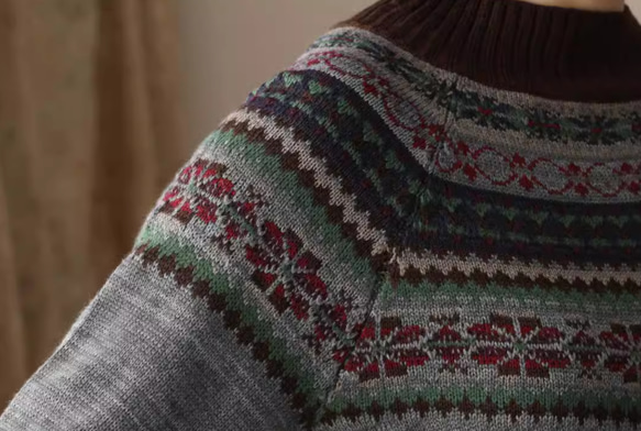 新作.ハーフハイネックニット 100%綿　 秋冬  ゆったりセーター  手編み 　グレー 11枚目の画像