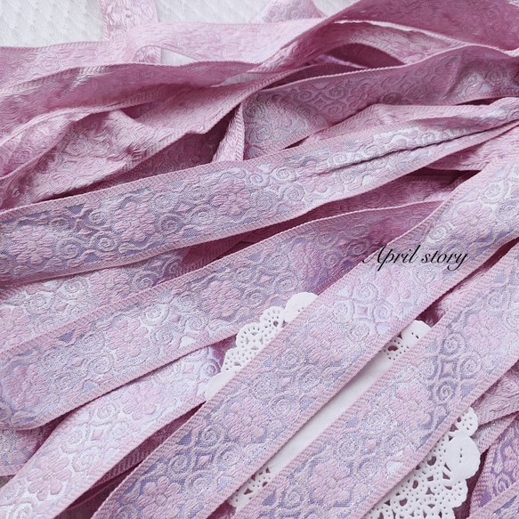 1m/お花のリボン　ピンク×シルバー　刺繍　レースリボン　優雅　手芸　素材 3枚目の画像