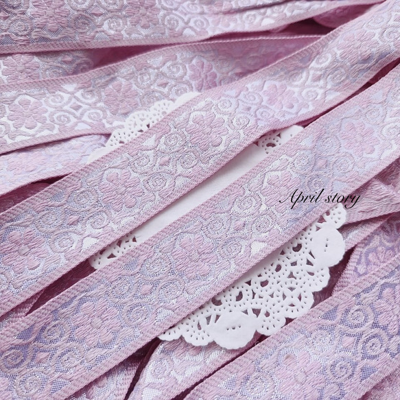 1m/お花のリボン　ピンク×シルバー　刺繍　レースリボン　優雅　手芸　素材 1枚目の画像