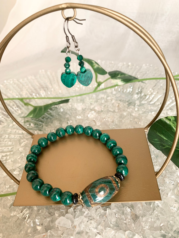 邪気除け☆マラカイト三眼天珠ブレスレット☆ハートマラカイトピアス