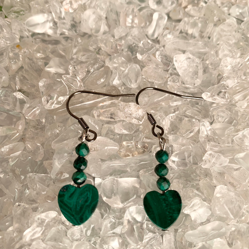 邪気除け☆マラカイト三眼天珠ブレスレット☆ハートマラカイトピアス