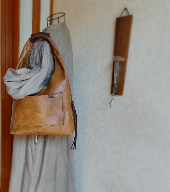 【受注制作】one shoulder bag　マスタード✗ダークブラウン　オイルシュリンクレザー 12枚目の画像