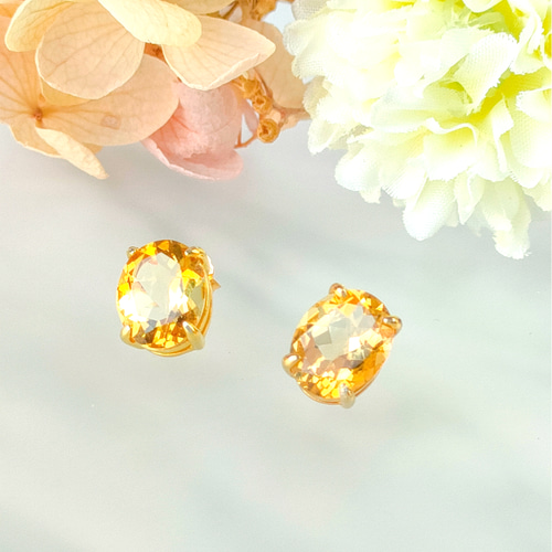 宝石質シトリンAAA オーバル 10×8mm 18KGP Silver925 ピアス ピアス