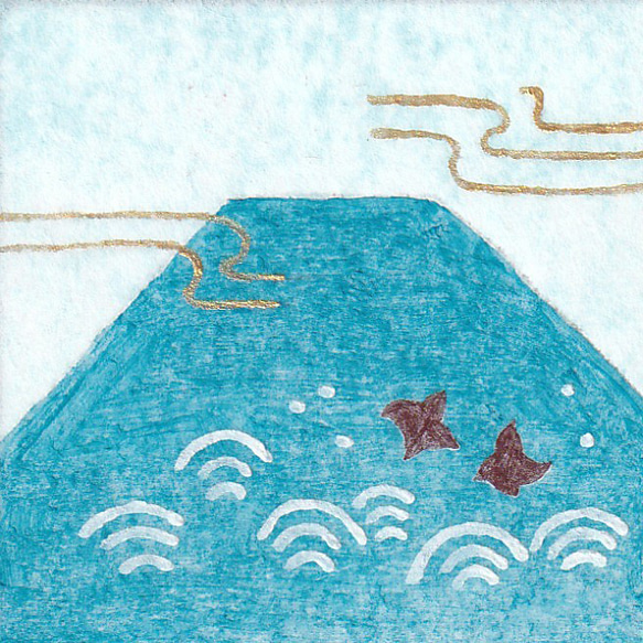 【日本画原画】赤富士と千鳥と黄金の風　絵画　ミニ額付き　ミニアートパネル　インテリアアート　　 2枚目の画像