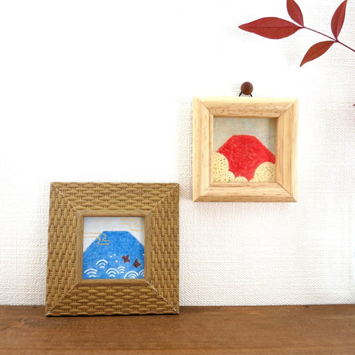 日本画原画】青富士と千鳥と黄金の風 絵画 ミニ額付き ミニアート