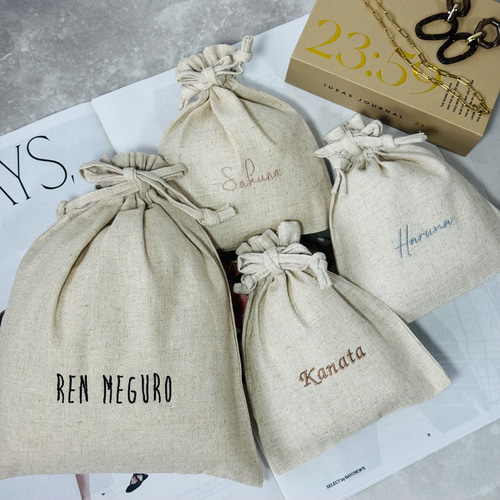 シンプルリネン巾着【刺繍名入れ】ギフト/プレゼント/ラッピング  