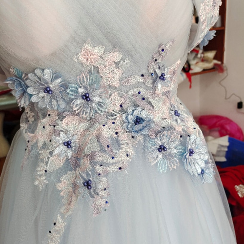 カラードレス 切り分け ブルー ソフトチュール 取り外しオフショルダー  