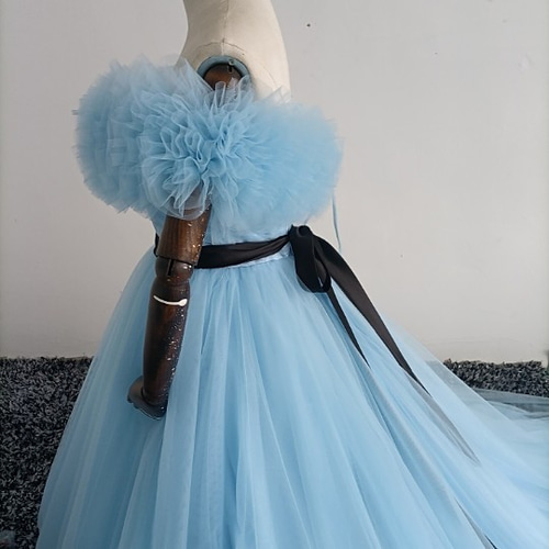 高品質！水色 カラードレストレーン 取り外しオフショルダー サッシュ  