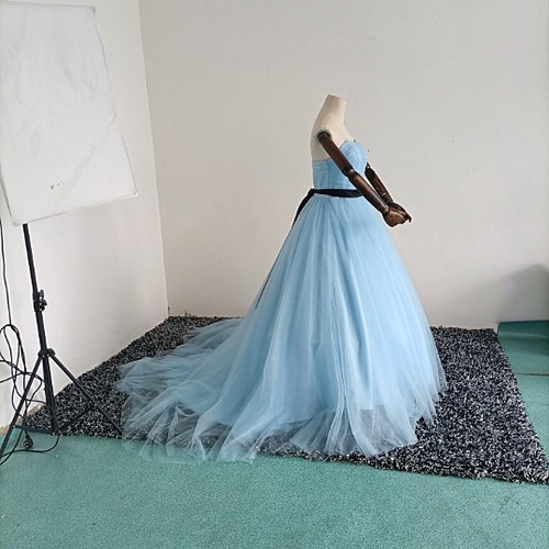 高品質！水色 カラードレストレーン 取り外しオフショルダー サッシュ  