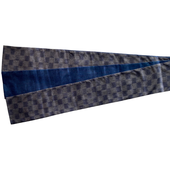 寿宝紬 市松 縦縞 青灰色と光沢のあります藍色手織り紬でお作りいたしました大人の半幅帯です．長尺、帯芯入りです． 8枚目の画像