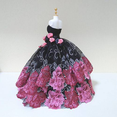 620一点物ミニチュアウェディングドレス 黒 ピンク 薔薇 ローズ ロング