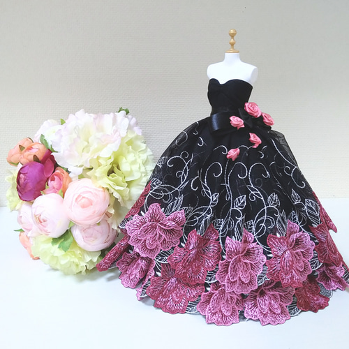 620一点物ミニチュアウェディングドレス 黒 ピンク 薔薇 ローズ ロング
