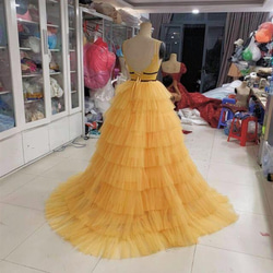 華麗跨領洋裝黃色 V 領洋裝柔軟分層薄紗裙新娘/拍攝前 第3張的照片
