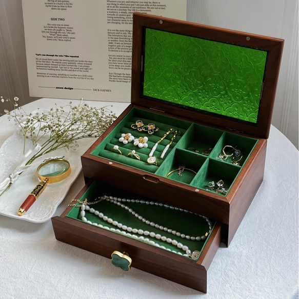 ジュエリーコレクションボックス  アクセサリー収納 アンティーク風 大容量 宝石箱 ガラス細工 翡翠色 7枚目の画像