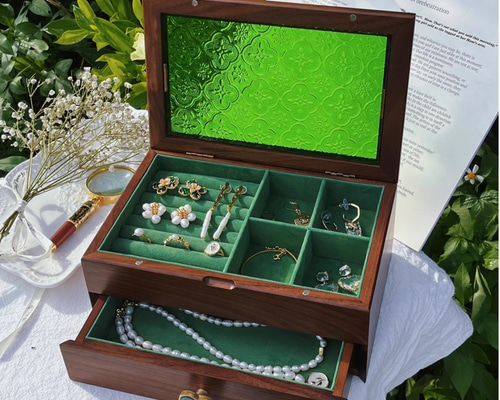 ビンテージ木製宝石箱 緑のガラス f40bb757a56eda979a6791c8682fd1