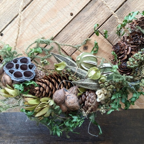 ライムボール&花オクラ ドライフラワースワッグ(横型) スワッグ fu.wa