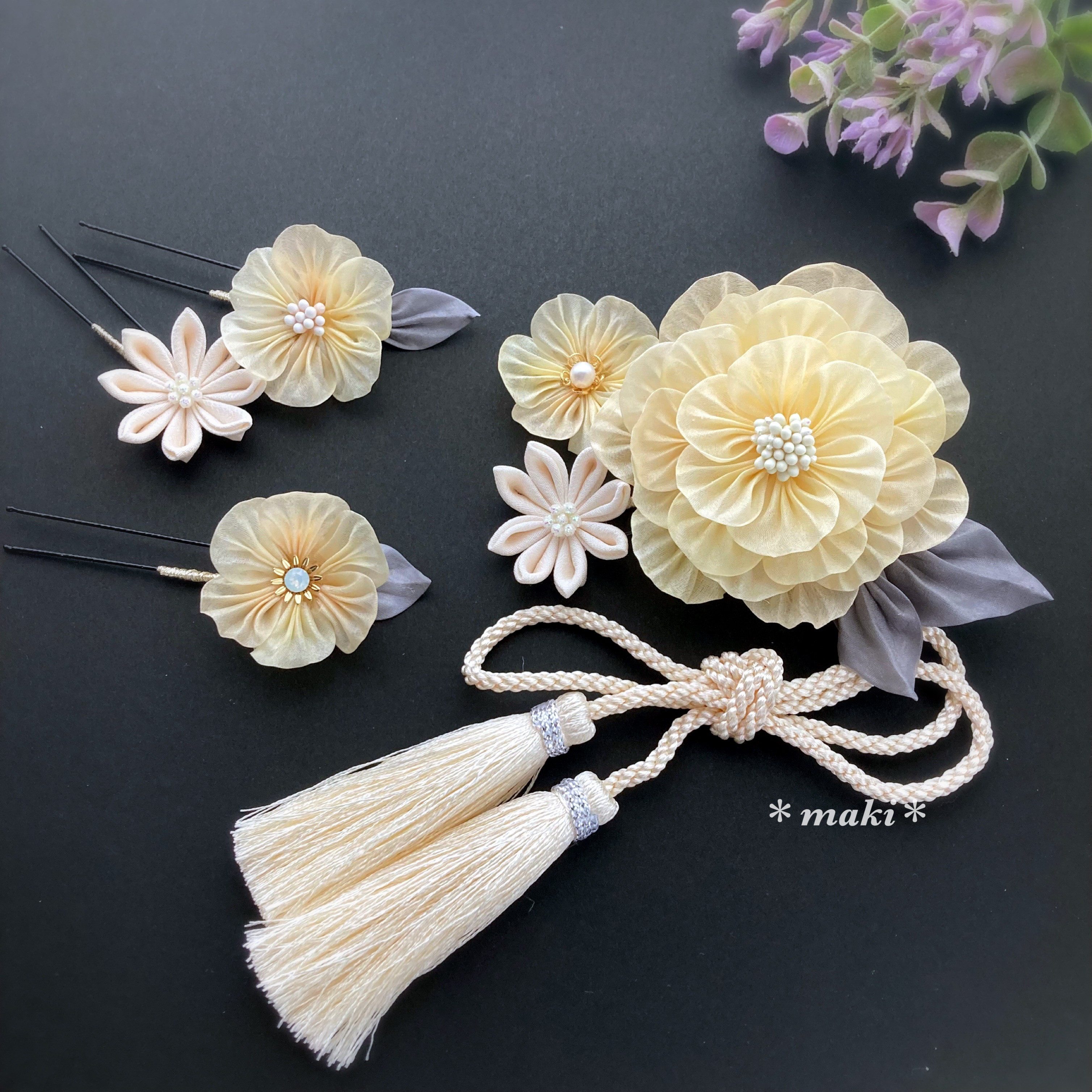 【送料込】つまみ細工＊フリルが可愛い髪飾りセット＊