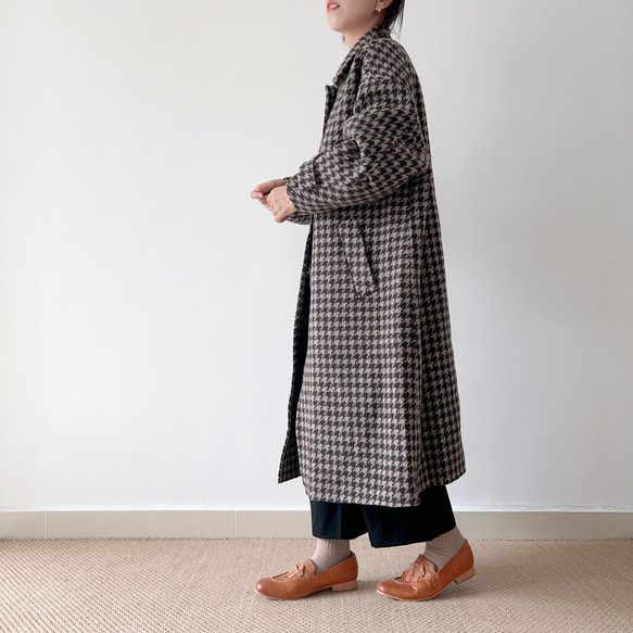 【NEW OPEN★送料無料】⁂特殊加工両面生地⁂ウール100%⁂スタンド襟＊ロング丈長コート*チェック柄*C-7ZB 7ZB