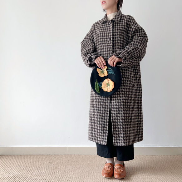 【NEW OPEN★送料無料】⁂特殊加工両面生地⁂ウール100%⁂スタンド襟＊ロング丈長コート*チェック柄*C-7ZB 7ZB