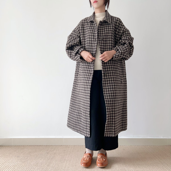 【NEW OPEN★送料無料】⁂特殊加工両面生地⁂ウール100%⁂スタンド襟＊ロング丈長コート*チェック柄*C-7ZB 7ZB