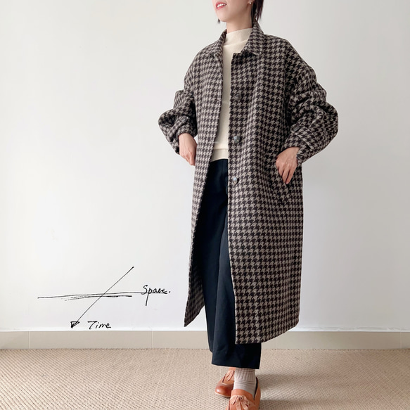 【NEW OPEN★送料無料】⁂特殊加工両面生地⁂ウール100%⁂スタンド襟＊ロング丈長コート*チェック柄*C-7ZB 7ZB