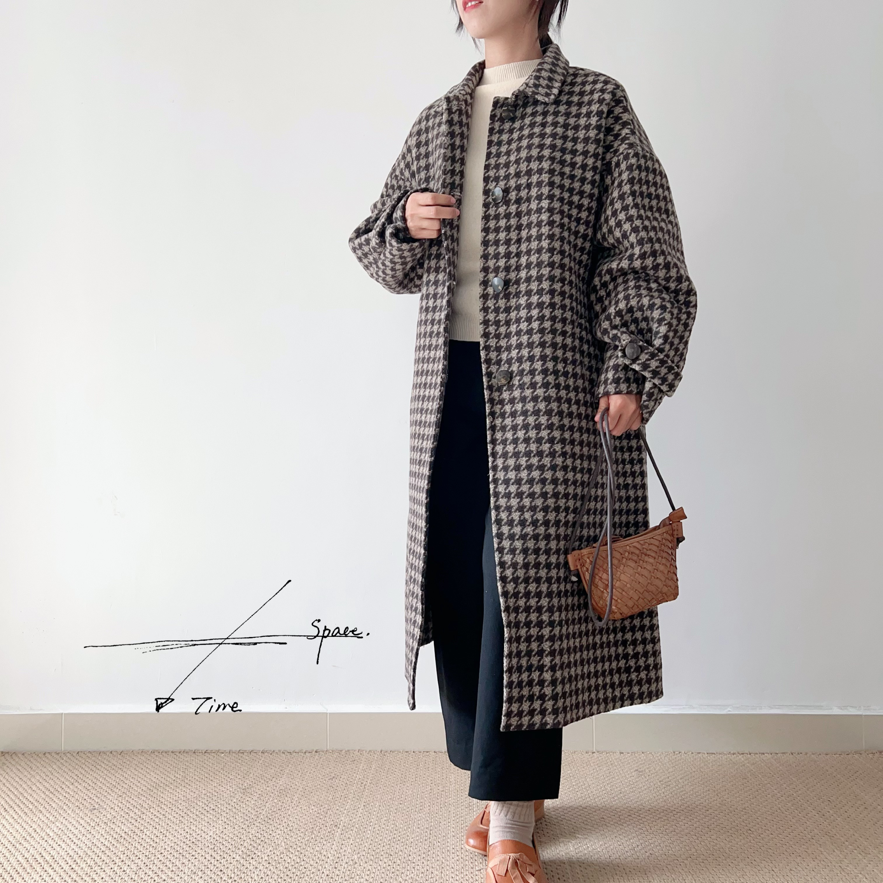 【NEW OPEN★送料無料】⁂特殊加工両面生地⁂ウール100%⁂スタンド襟＊ロング丈長コート*チェック柄*C-7ZB 23,660円