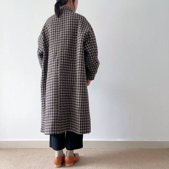 【NEW OPEN★送料無料】⁂特殊加工両面生地⁂ウール100%⁂スタンド襟＊ロング丈長コート*チェック柄*C-7ZB 7ZB