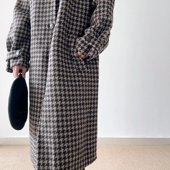 【NEW OPEN★送料無料】⁂特殊加工両面生地⁂ウール100%⁂スタンド襟＊ロング丈長コート*チェック柄*C-7ZB 7ZB