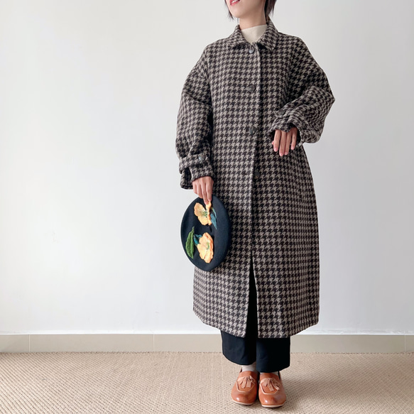 【NEW OPEN★送料無料】⁂特殊加工両面生地⁂ウール100%⁂スタンド襟＊ロング丈長コート*チェック柄*C-7ZB 7ZB