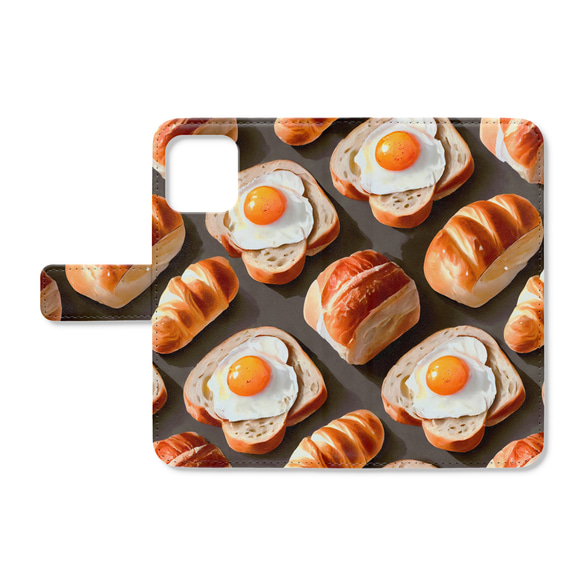 目玉焼きがトッピングされたかわいいパンの手帳型スマホケース　iPhone Android各機種対応  ハイクオリティタイ 1枚目の画像